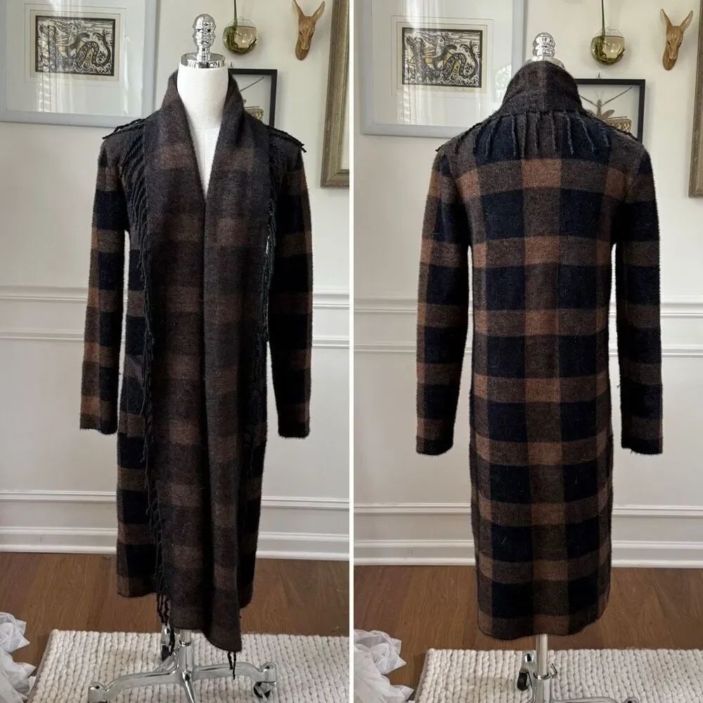 Lysse Alice Fringe Cardigan Sweater Coat Brown Black Buffalo Check $198 XXS XS S